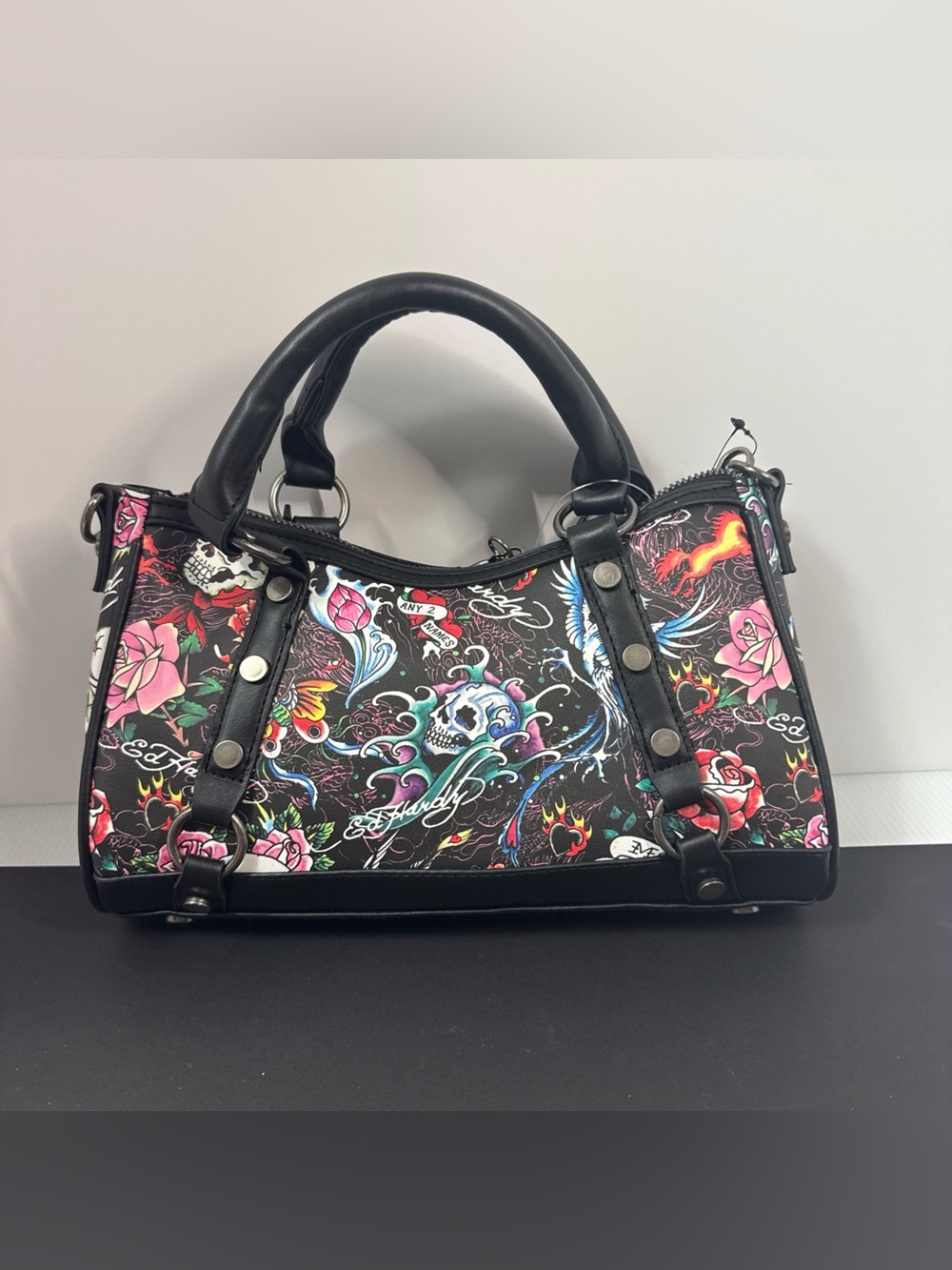 Ed Hardy Black Multi Skull & Floral Satchel with Pink Accents - Picture 2 of 6